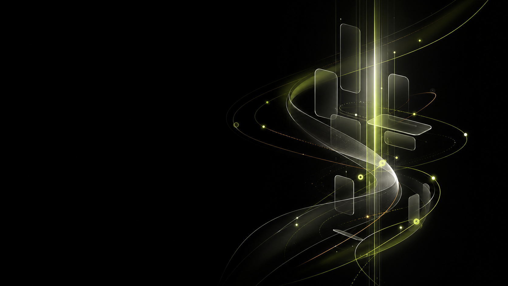 Abstract flowing glass ribbons and luminous mobile product modules.